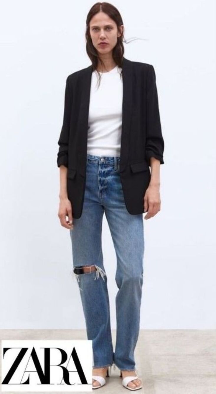 Zara Woman Black Open Blazer Jacket Crepe Large Ruched 3/4 Sleeve Gathered L